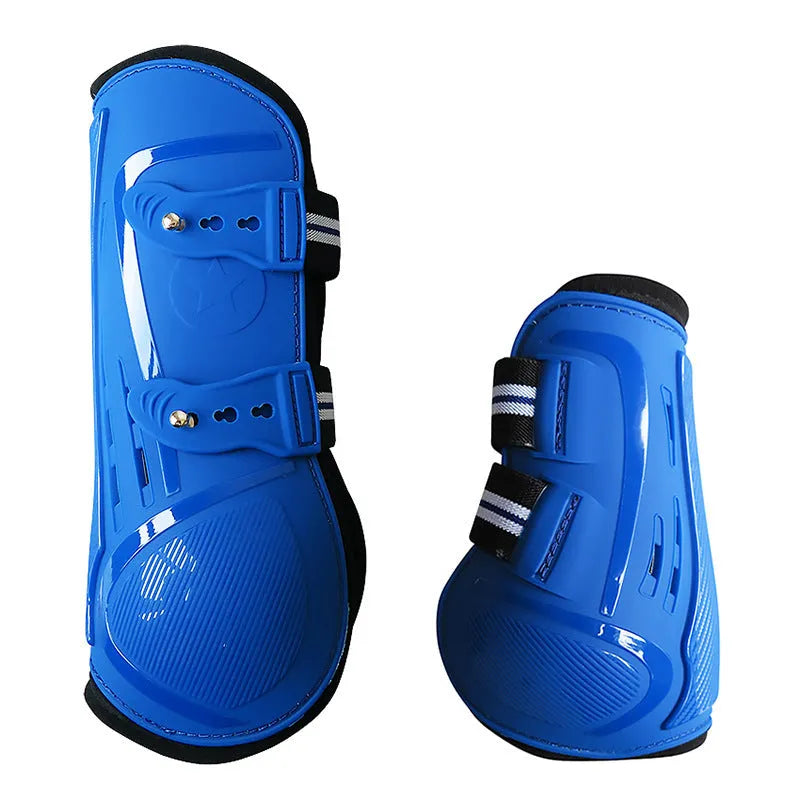 No 9 Colour Barrier horse leg guards showing hard PU shell, neoprene lining, and air holes in a blue set.