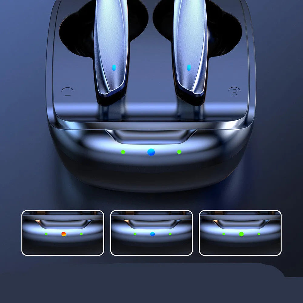 Black and white TWS Bluetooth 5.1 wireless earbuds with a charging case on a white background.