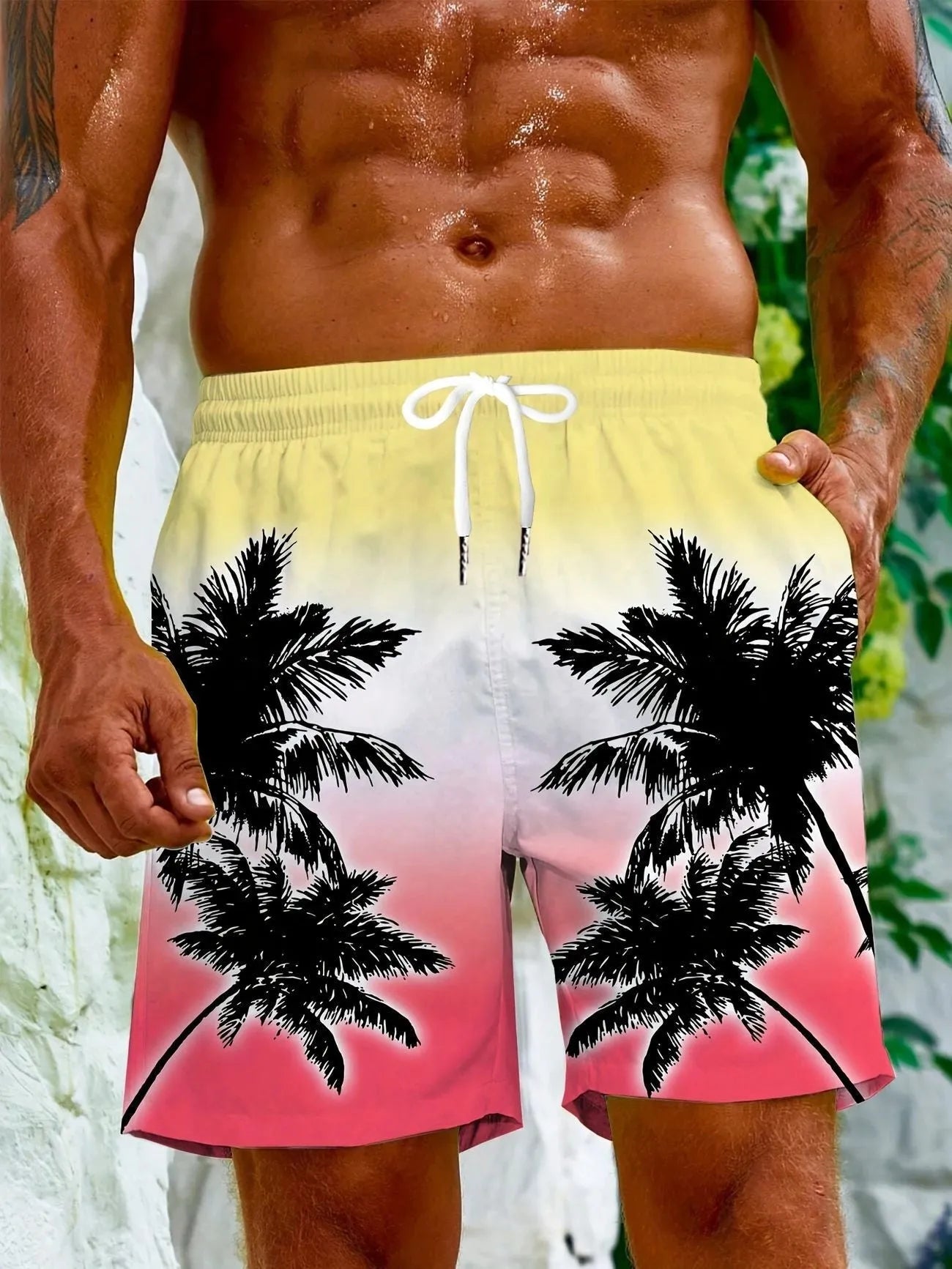Man's quick-drying micro-elastic swimming trunks in a choice of colours on a size chart background.