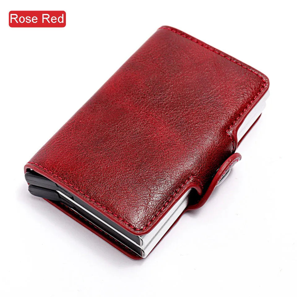 RFID blocking mini money clip wallet with 14 card slots, PU crazy horse leather finish and aluminium, 10x6.8x2.5cm