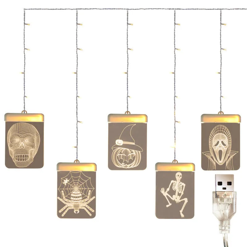 Halloween decoration LED icicle light with acrylic shell plugged into USB, casting a glow.