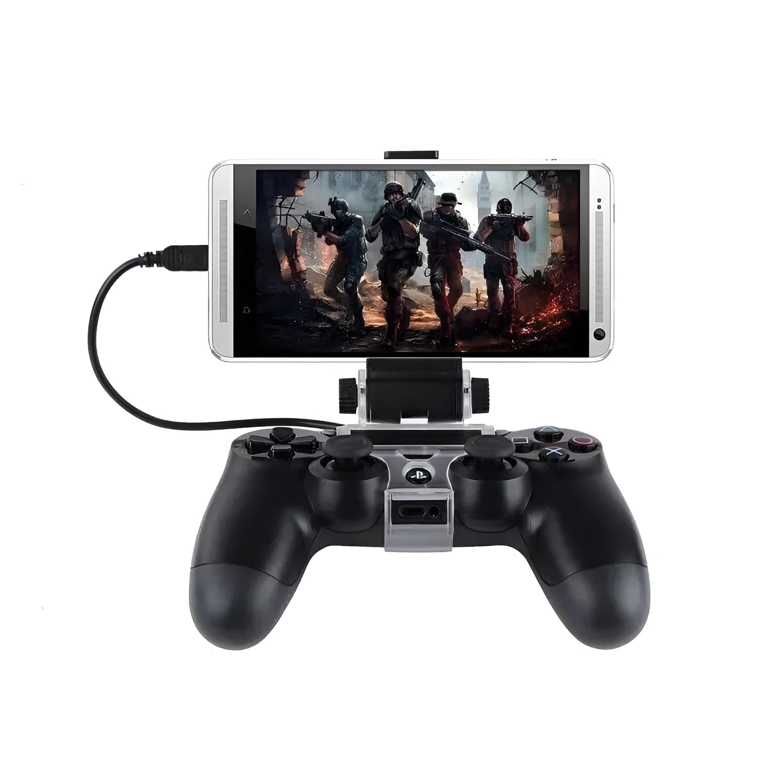 Black PS4 controller clip holding an Android phone, with a micro USB OTG cable connected