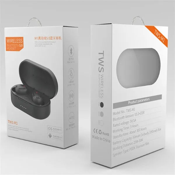 M1 Bluetooth wireless earphones in black or white colour with earbud style design