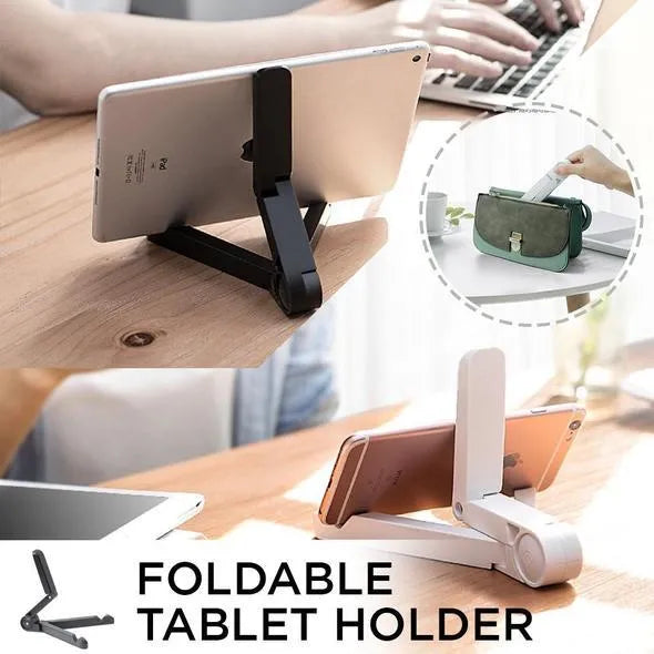 Foldable aluminium tablet holder stand in black showing portrait and landscape phone positioning