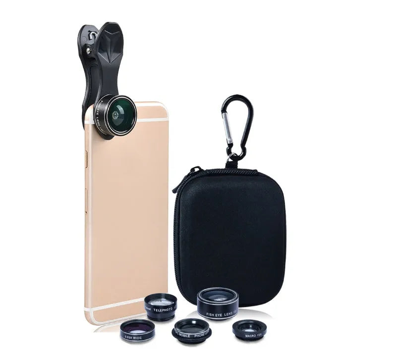 Universal 5-in-1 clip-on smartphone lens kit with wide-angle, macro, fisheye, telephoto, and CPL lenses.