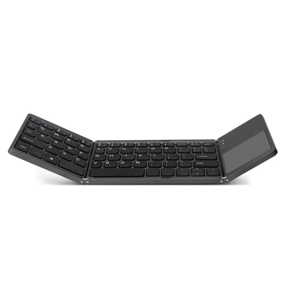 Ultra-thin tri-fold folding Bluetooth keyboard with touchpad in black or silvery white, showing folded and open positions