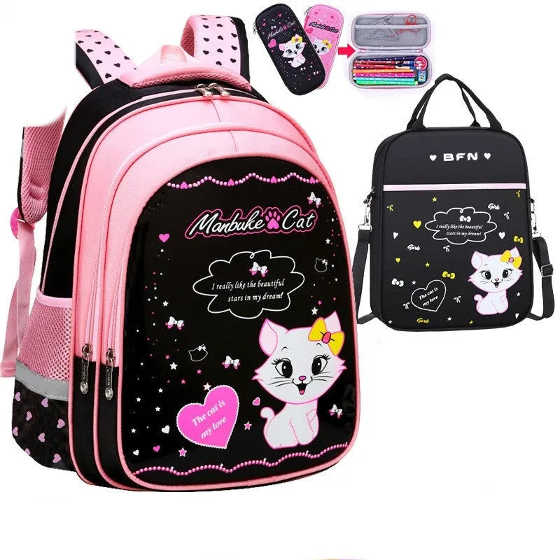 Blue kids school backpack with cute cat print showing front zipper compartment and shoulder straps
