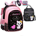 Blue kids school backpack with cute cat print showing front zipper compartment and shoulder straps