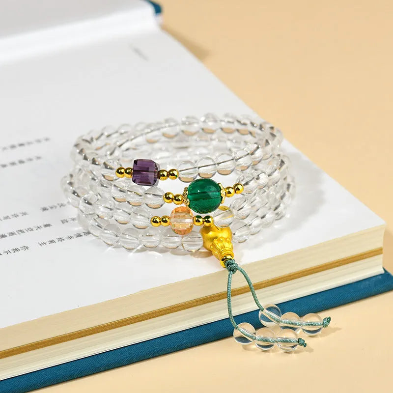 White crystal 108 bead rosary bracelet with geometric mala beads in ethnic unisex style