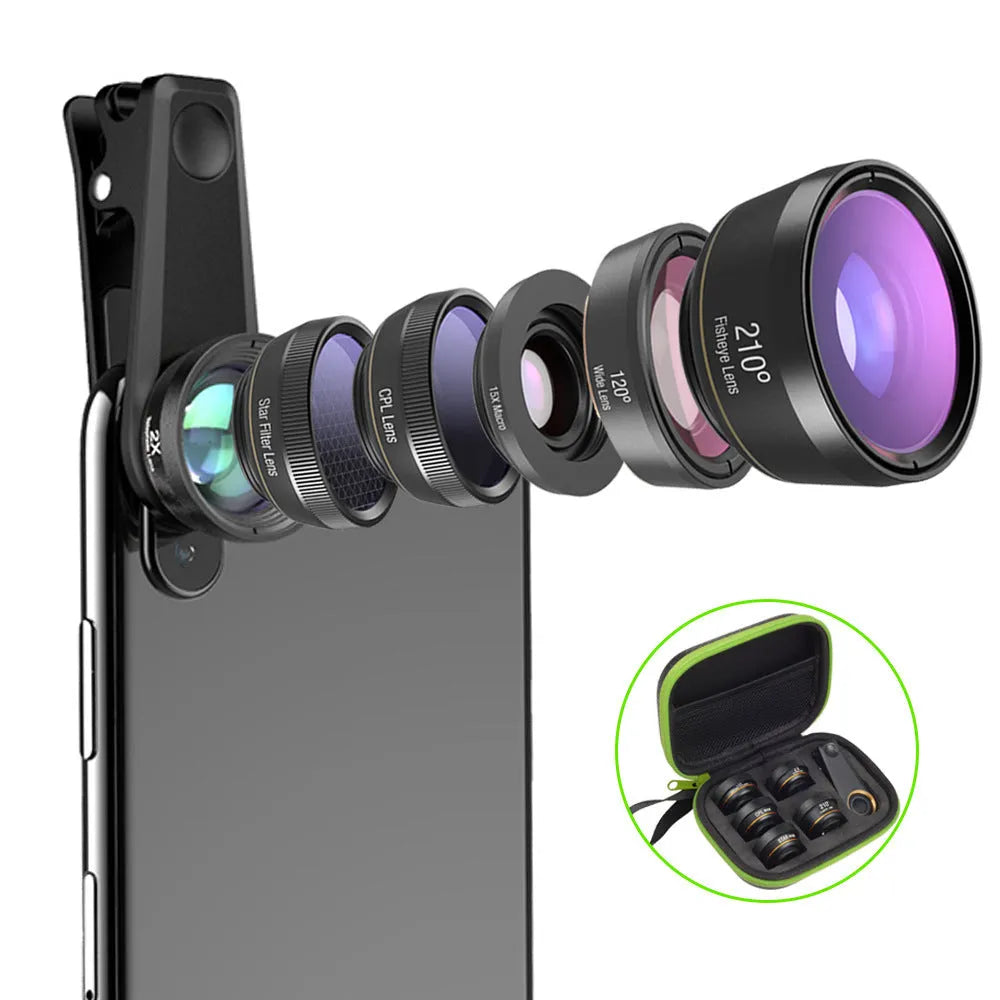 Black 6-in-1 universal smartphone camera lens kit with fisheye, wide-angle, macro, and telephoto lenses in an EVA case.
