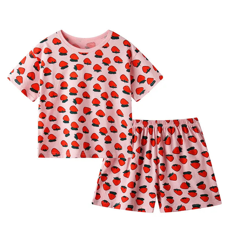 Cotton children's summer short-sleeved homewear set with cartoon strawberry pattern for kids
