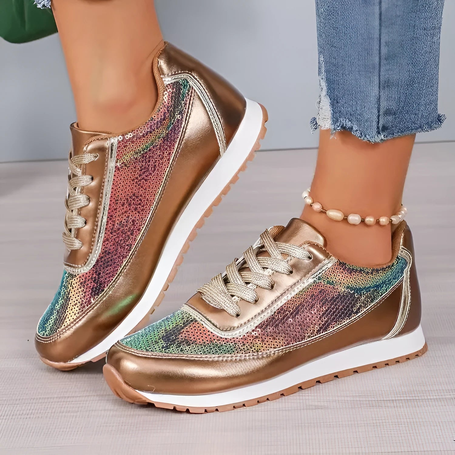 Women's thick-soled casual sneakers in PU leather with square toe design in black, silver, and champagne colours