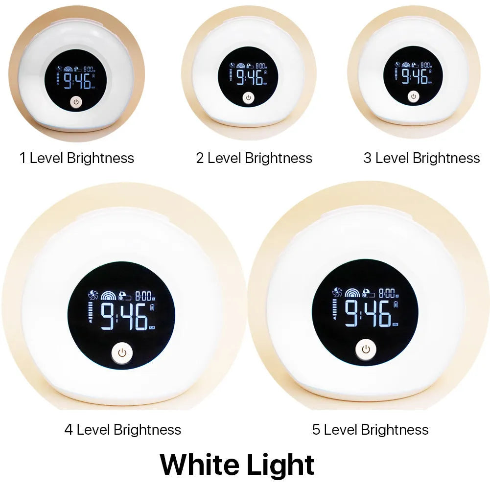 Digital music alarm clock with VA LCD display, Bluetooth 5.0 speaker, and fluorescent lighting effects in colourful mode