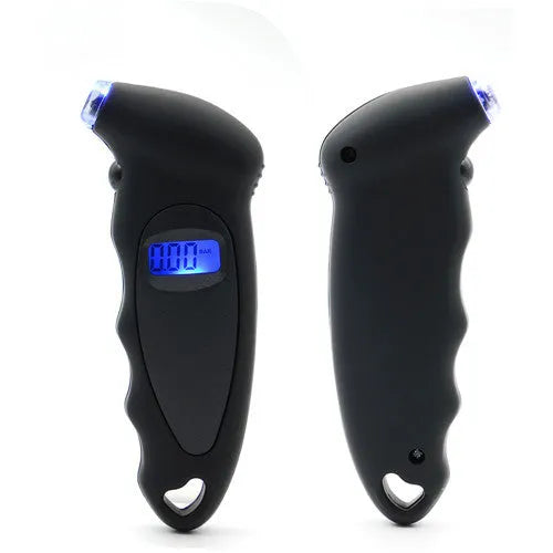 Digital tire pressure gauge reading 0-150 PSI with auto shut-off, compact 13.8x5.6x3 cm