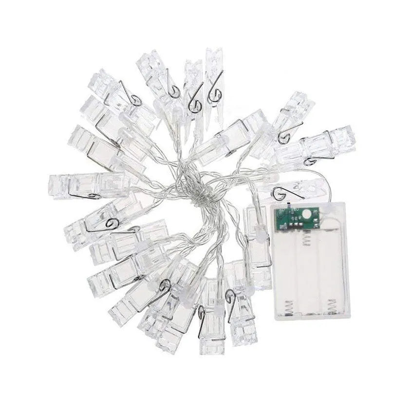 LED photo holder string lights with clips, 160cm/300cm, warm white or colourful bulbs, battery powered