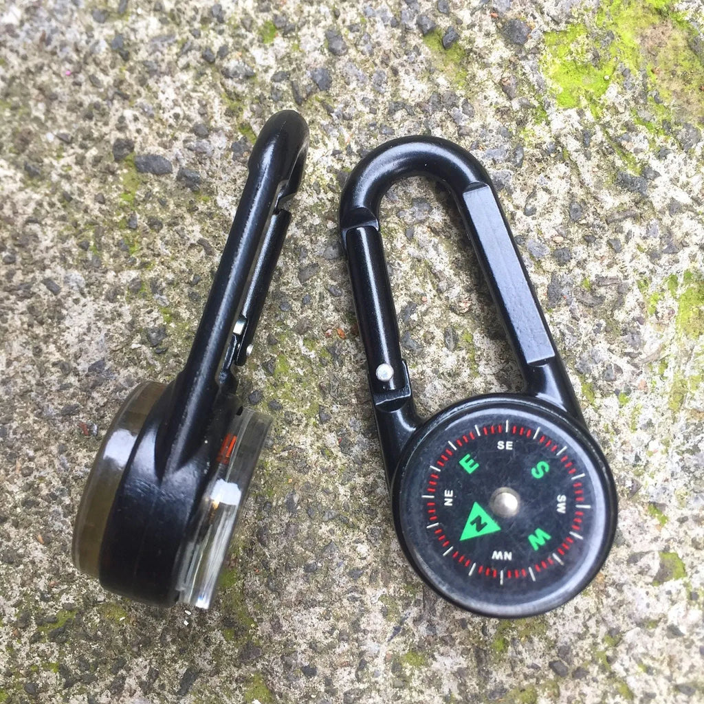 Zinc alloy camping carabiner with thermometer and compass in black, army green, or rose gold