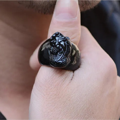 Men's obsidian crystal Pixiu thumb ring with gold sheen finish in domineering design