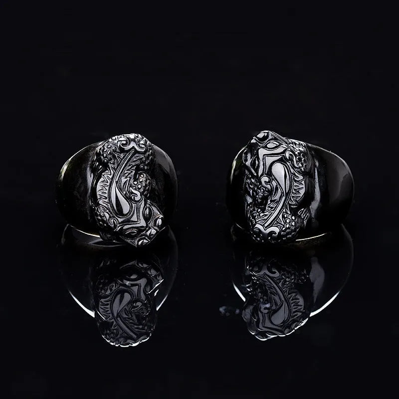 Men's obsidian crystal Pixiu thumb ring with gold sheen finish in domineering design