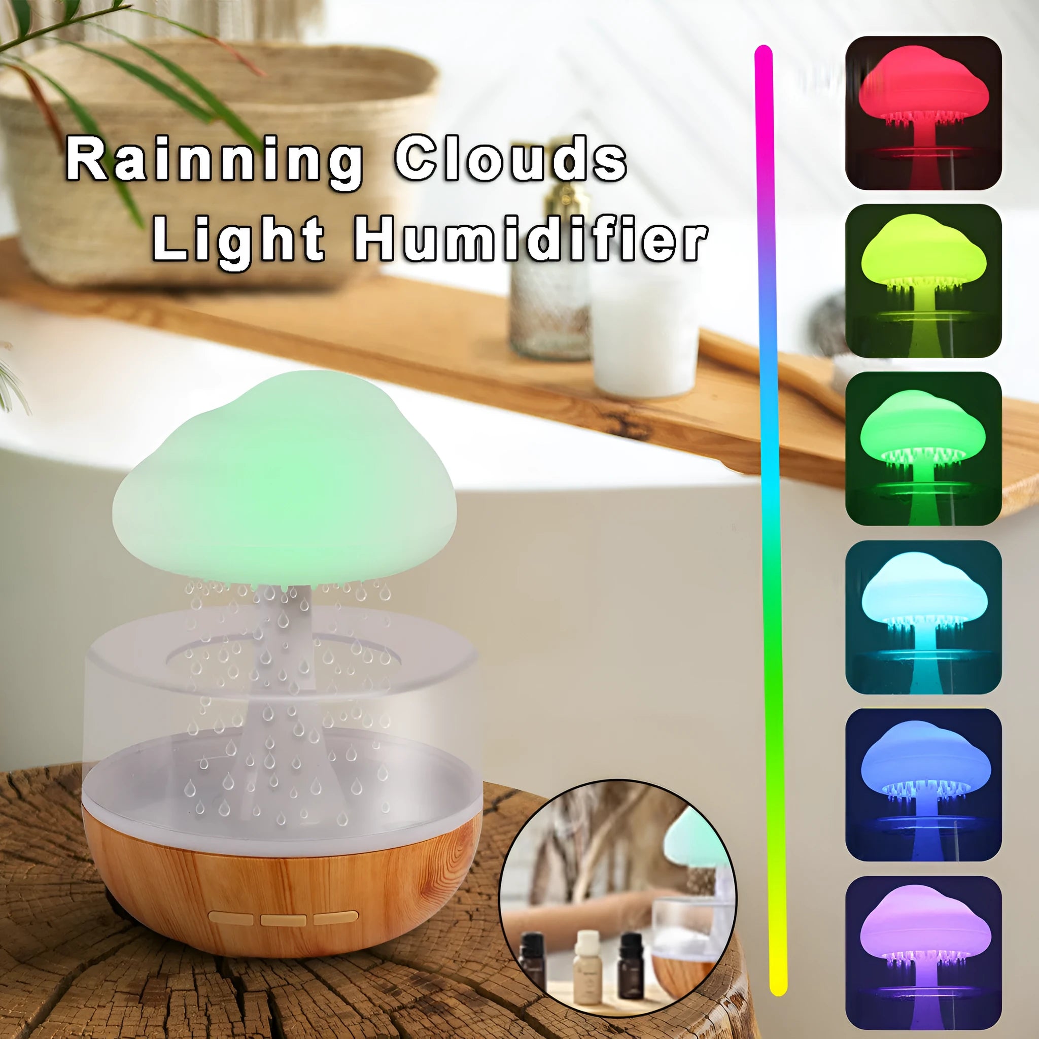 White cloud-shaped humidifier with coloured night light on a table.