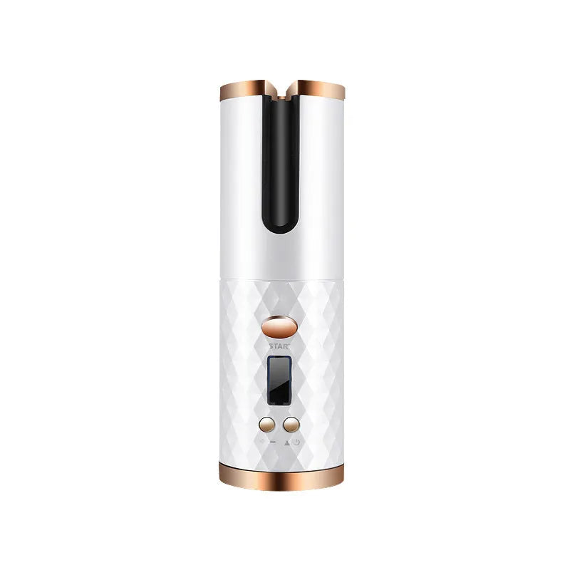 Rechargeable automatic hair curler with LCD display in black, pink, pink-grey, or white.
