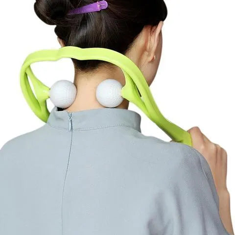 A pink plastic hand-held neck massager with a swan-neck shape and removable roller head for pressure point therapy.