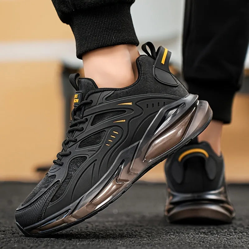 Men's black and grey low-top canvas casual sports sneakers with shock-absorbing soles.