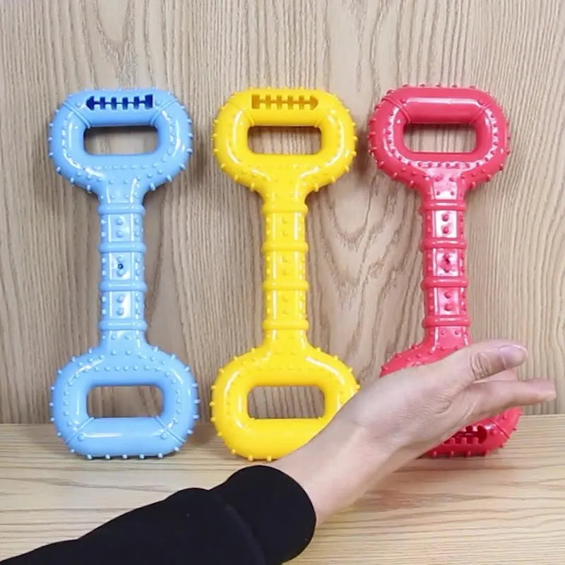 Blue dog bone toy with pull band for aggressive chewers
