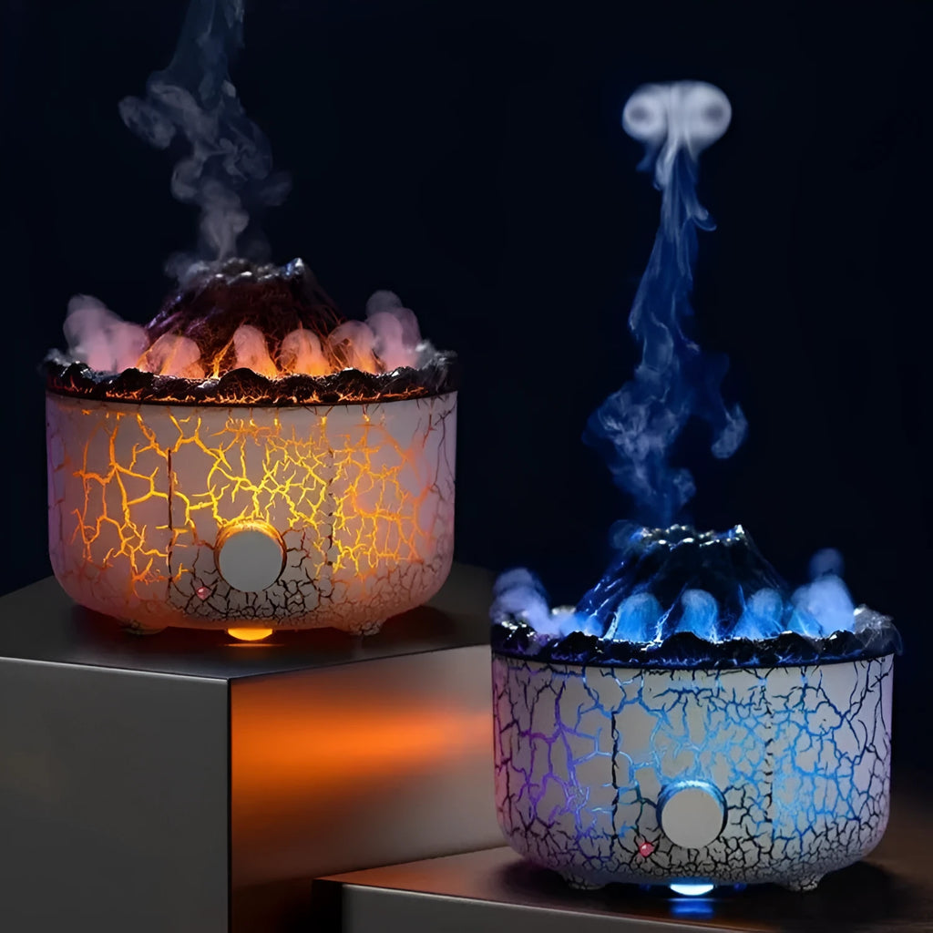 Volcano-shaped humidifier with LED flame effect emitting mist rings for atmospheric room enhancement