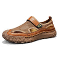 Men's black mesh sandal with Velcro strap on a rubber sole