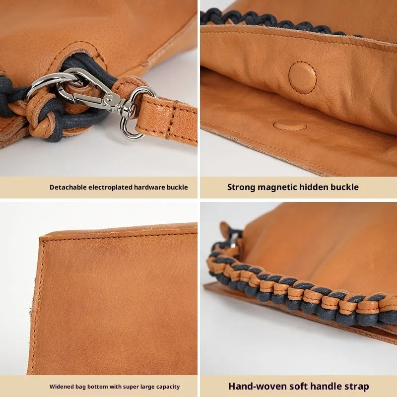 Woven genuine leather women's crossbody bag in light yellow or orange with zipper hidden pocket and polyester cotton lining