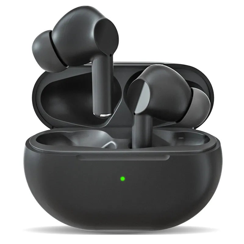 Black and white Pro4 true wireless Bluetooth earbuds with compact charging case on a table.