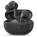 Black and white Pro4 true wireless Bluetooth earbuds with compact charging case on a table.