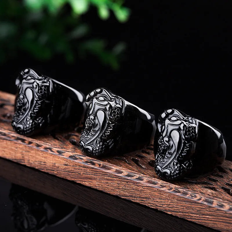 Men's obsidian crystal Pixiu thumb ring with gold sheen finish in domineering design
