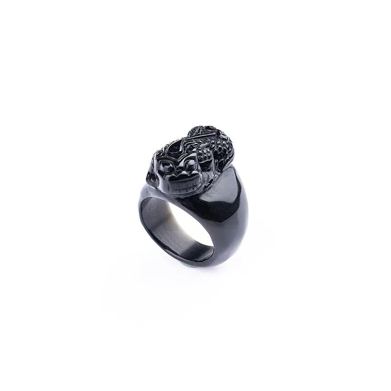 Men's obsidian crystal Pixiu thumb ring with gold sheen finish in domineering design