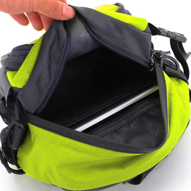 Multi-function outdoor backpack 5L nylon in black, showing waist bag, shoulder bag, and crossbody carrying options