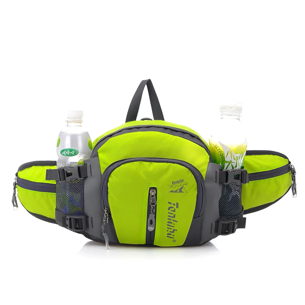 Multi-function outdoor backpack 5L nylon in black, showing waist bag, shoulder bag, and crossbody carrying options