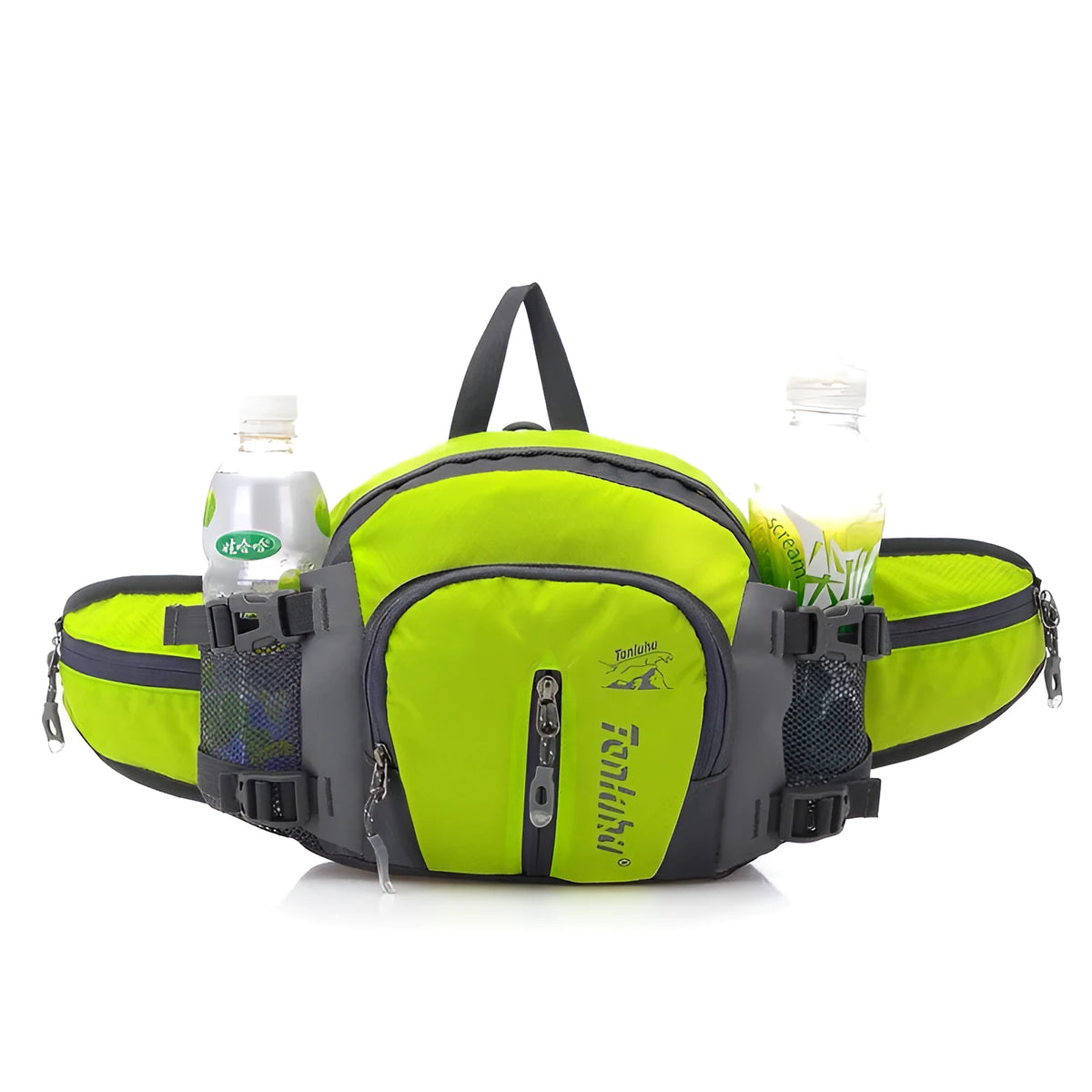 Multi-function outdoor backpack 5L nylon in black, showing waist bag, shoulder bag, and crossbody carrying options