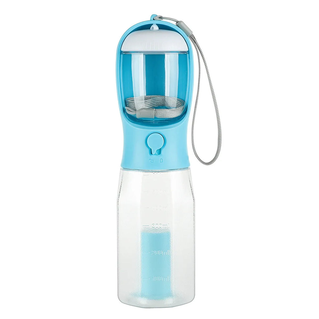 Portable 3-in-1 pet water bottle with 600ml capacity, leak-proof drinker, and poop dispenser in pink
