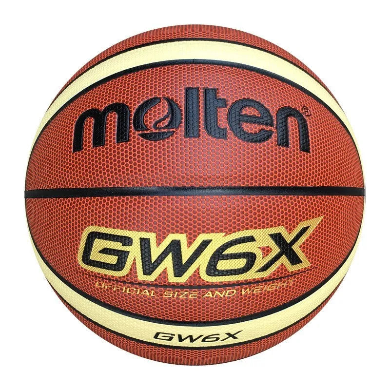 Orange size 7 training basketball with wear-resistant particle skin on an indoor court floor