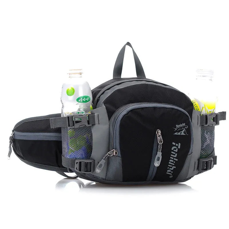 Multi-function outdoor backpack 5L nylon in black, showing waist bag, shoulder bag, and crossbody carrying options