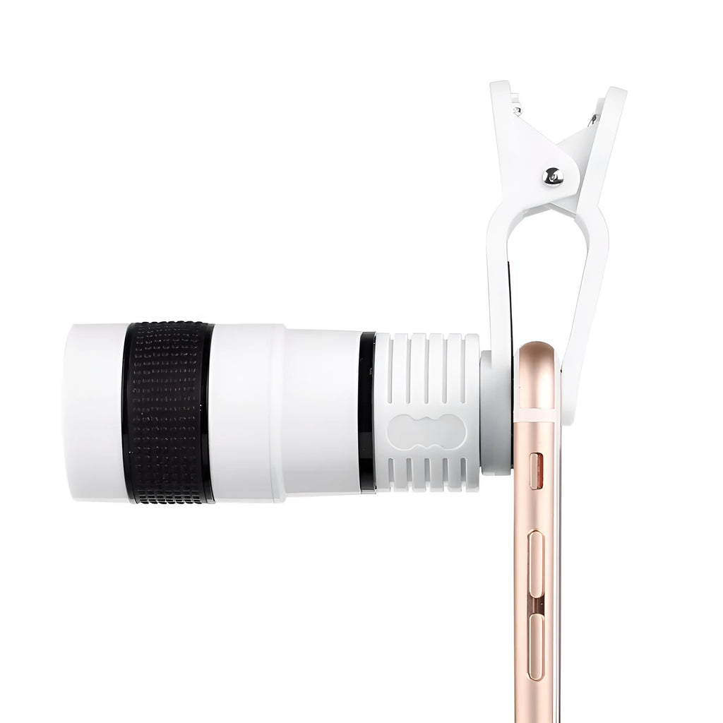 8x optical zoom telephoto lens attachment for mobile phones, shown in black, clip-on design