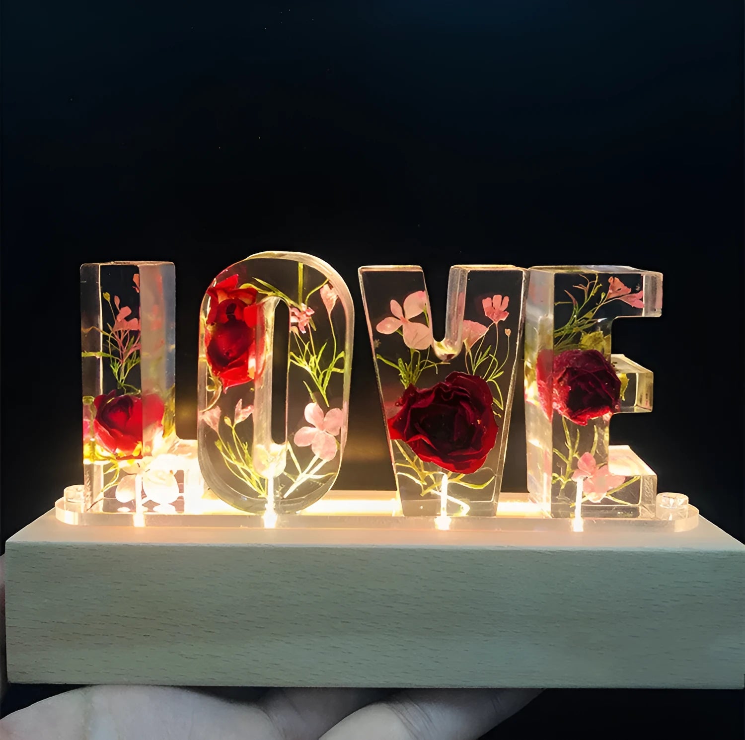 Creative dried flower night light LOVE letter table lamp with wood lampshade, LED warm light, and rose flowers