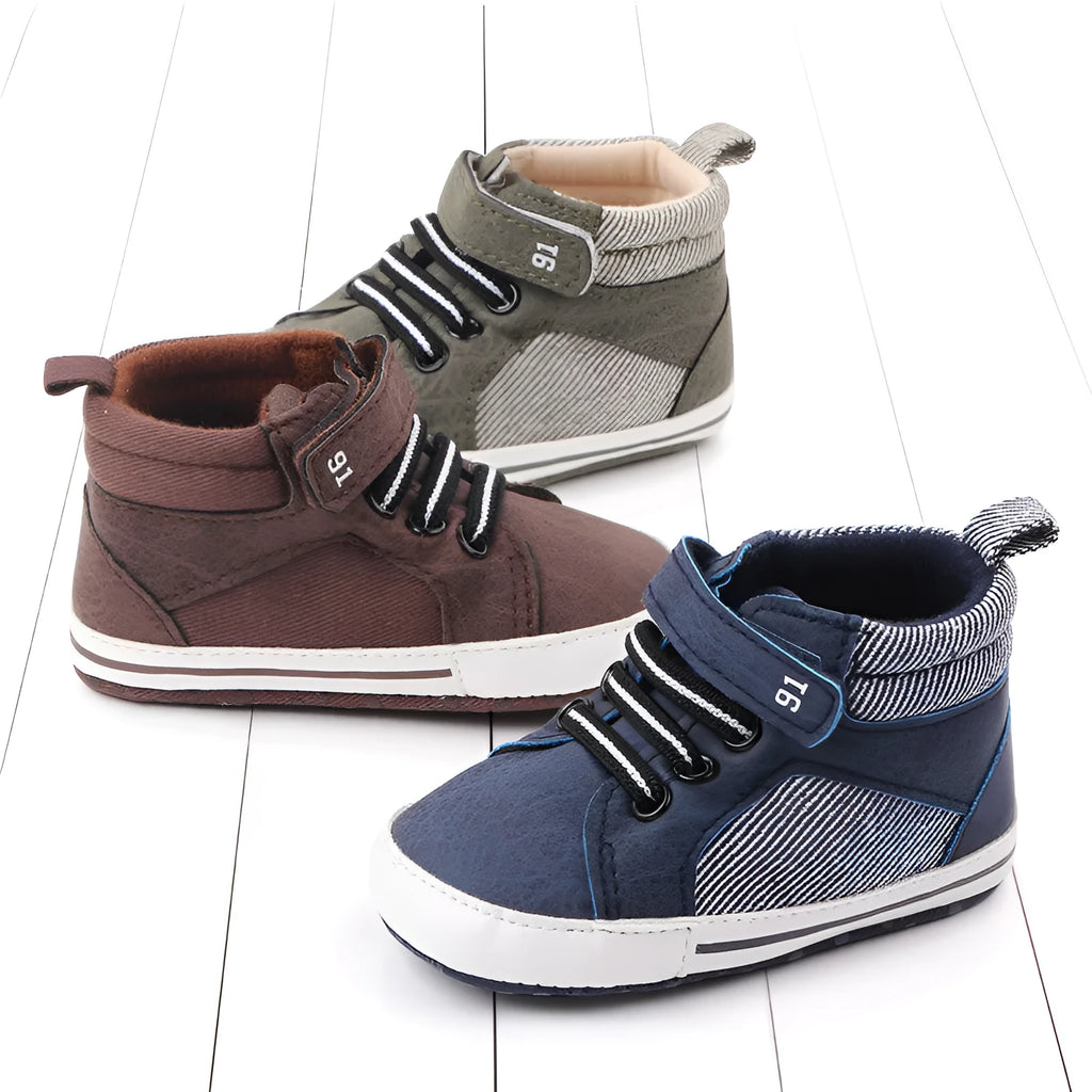 Blue high-top cotton toddler shoes for boys with Velcro fastening on a non-slip sole