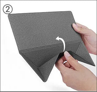 Blue foldable laptop cooling stand with non-slip surface shown open and closed, next to a 15-inch notebook.