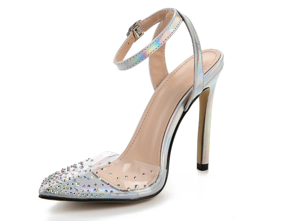 Women's pointed toe stiletto sandals with crystal diamond decoration on a PVC upper.
