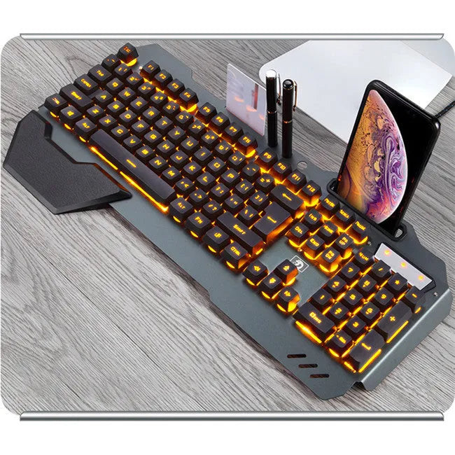 Wired gaming keyboard with RGB LED backlight, phone holder, pen slot, and card slot in black, white, or grey.