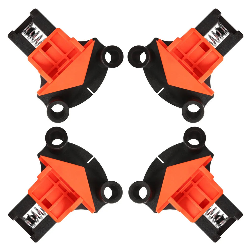 Four plastic 90-degree right angle clamps for woodworking and picture frame assembly