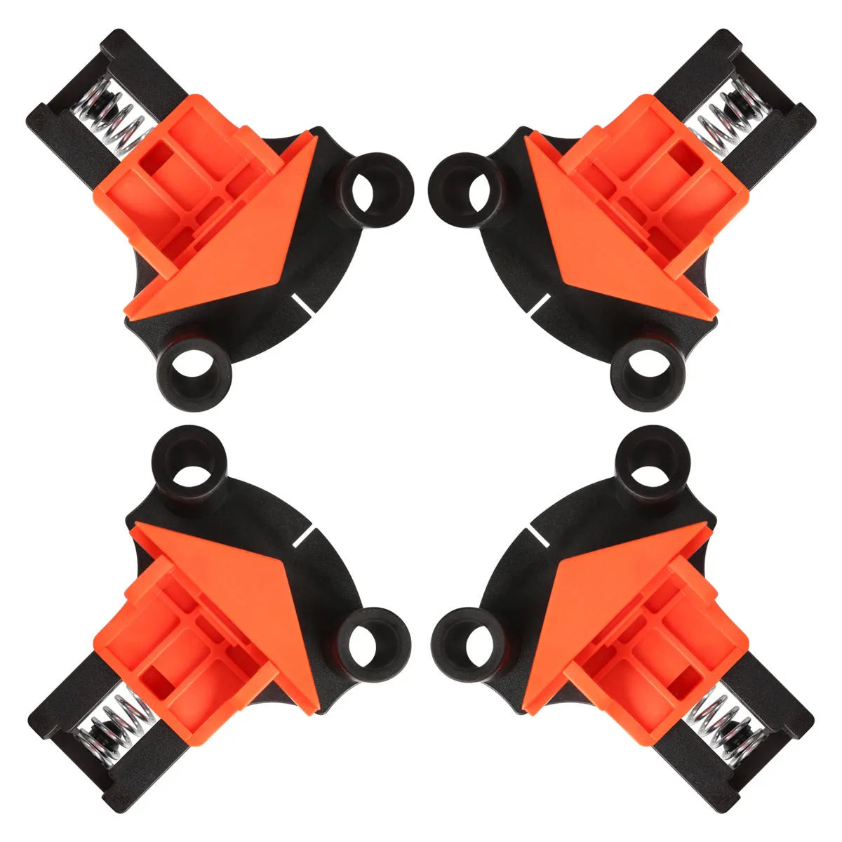 Four plastic 90-degree right angle clamps for woodworking and picture frame assembly