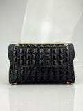 Glass rhinestone chain clutch bag in horizontal square shape with decorative diamonds and chain strap
