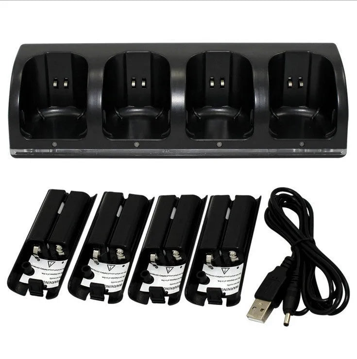 WII four-bay charger set with four rechargeable batteries and USB-DC cable in black colour